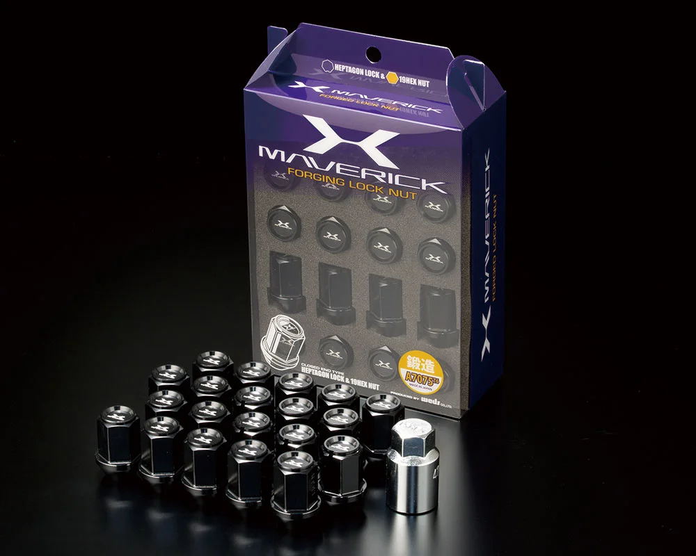 A box of black lug nuts and a set of black wheel locks.