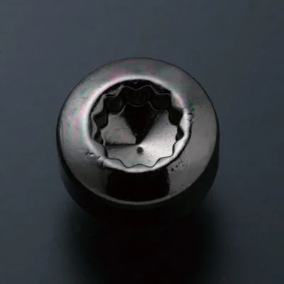 A black button with a metal face on it.