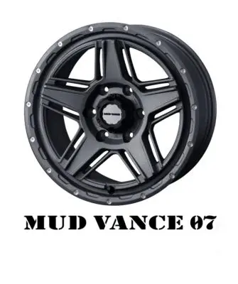A black wheel with the words mud vance 8 7 underneath it.