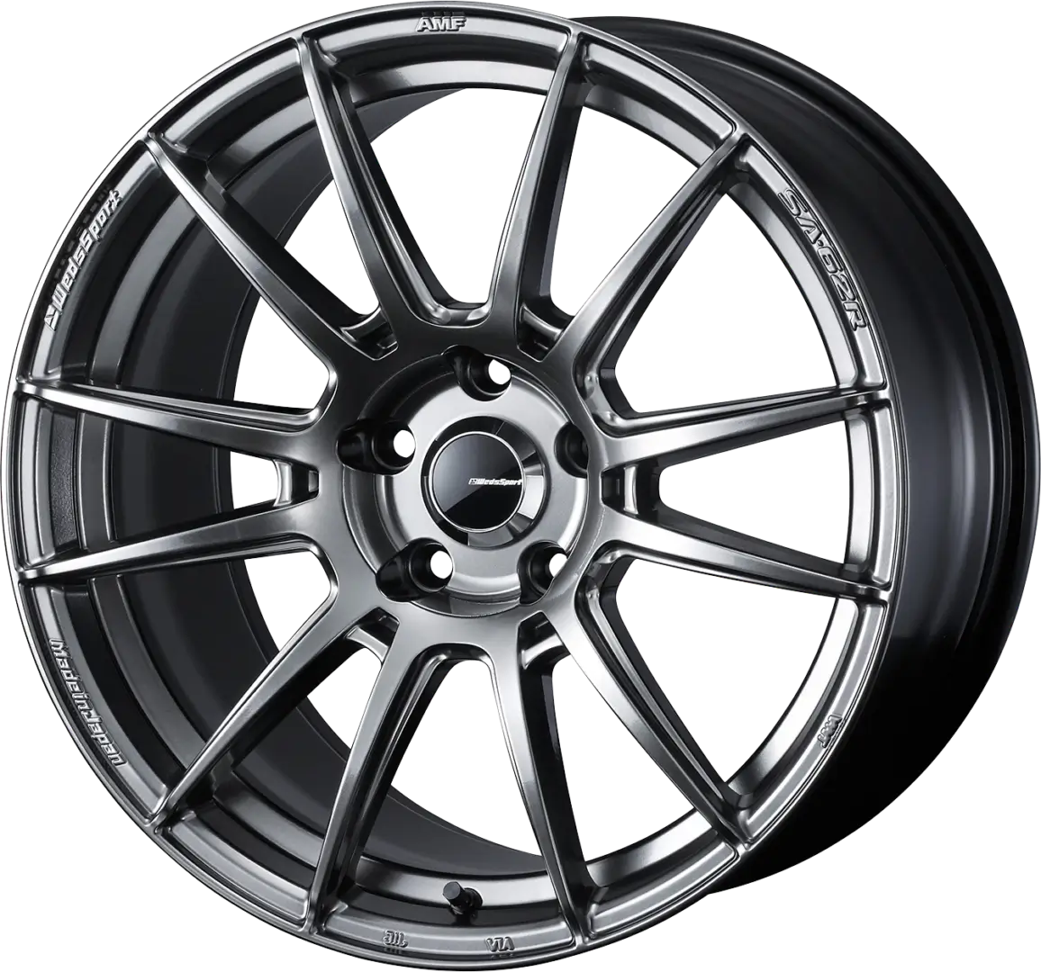 Gray alloy car wheel with 10 spokes.